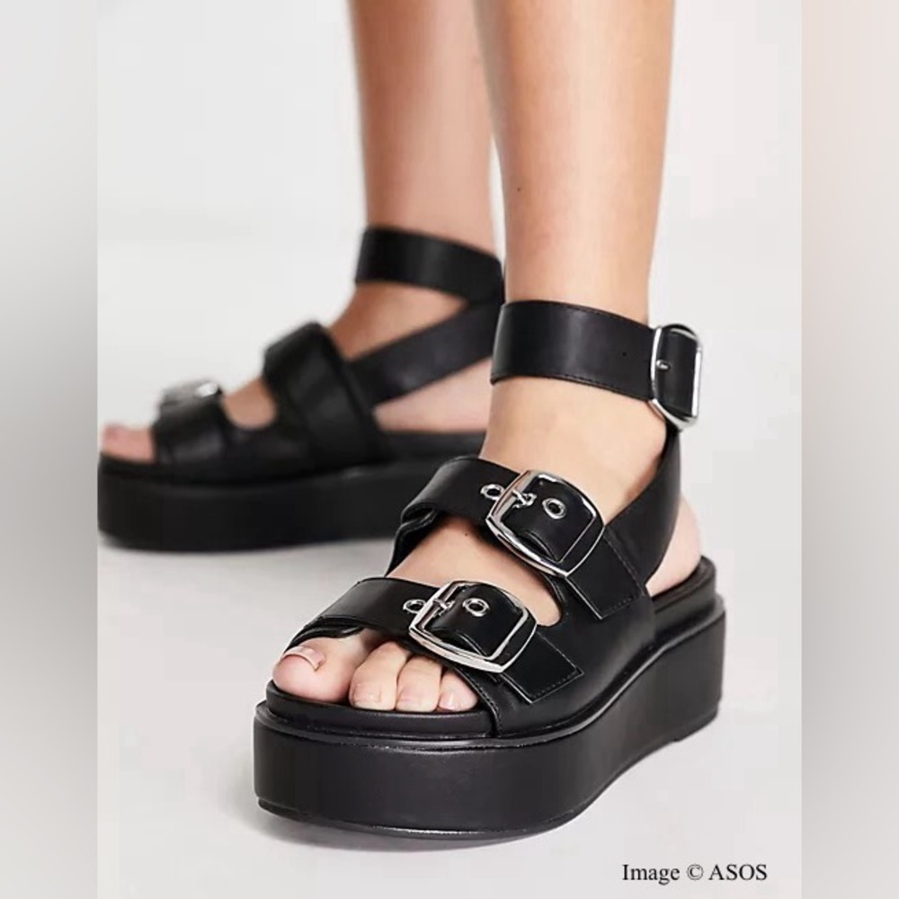 NEW WIDE FIT Chunky Buckle Platform Sandal in Black US SIZE 9